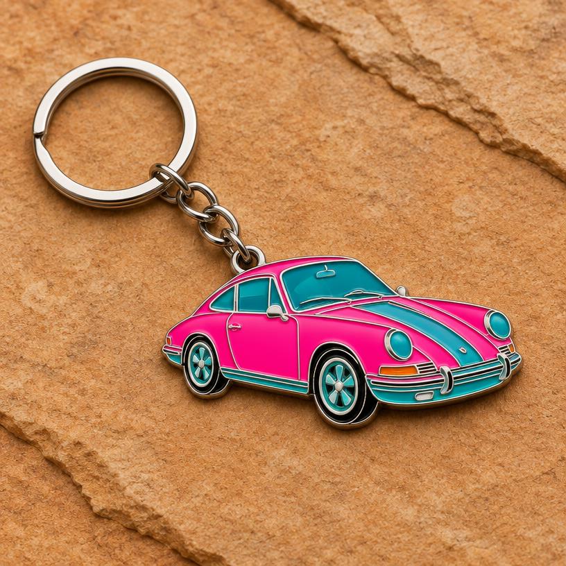 Retro Sports Car Enamel Keychain – Neon Pink