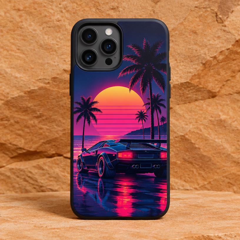 Neon Palms Phone Case – Retro Sports Car Design