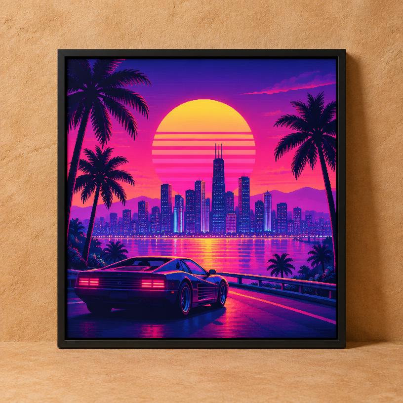 Vice Sunset Framed Poster – Retro Neon City Skyline