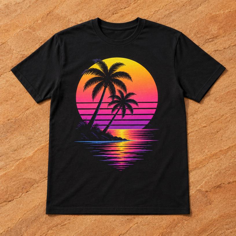 Neon Palms Sunset Graphic Tee – Retro Gaming Inspired
